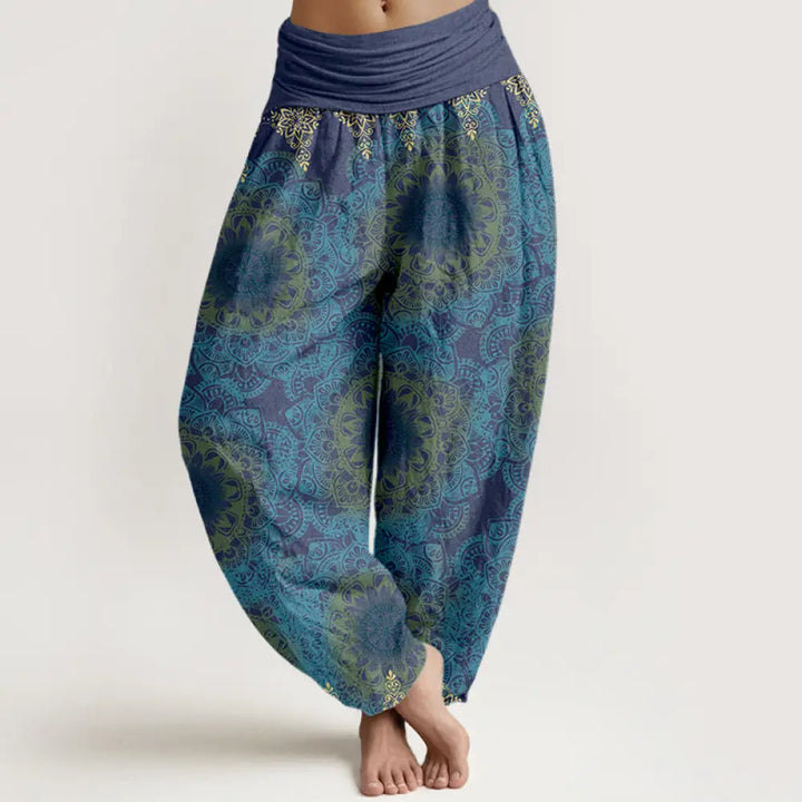 Buddha Stones Pure Cotton Triangular Mandala Patterns Women’s Elastic Waist Harem Pants - SteelBlue / US2，UK/AU6，EU34