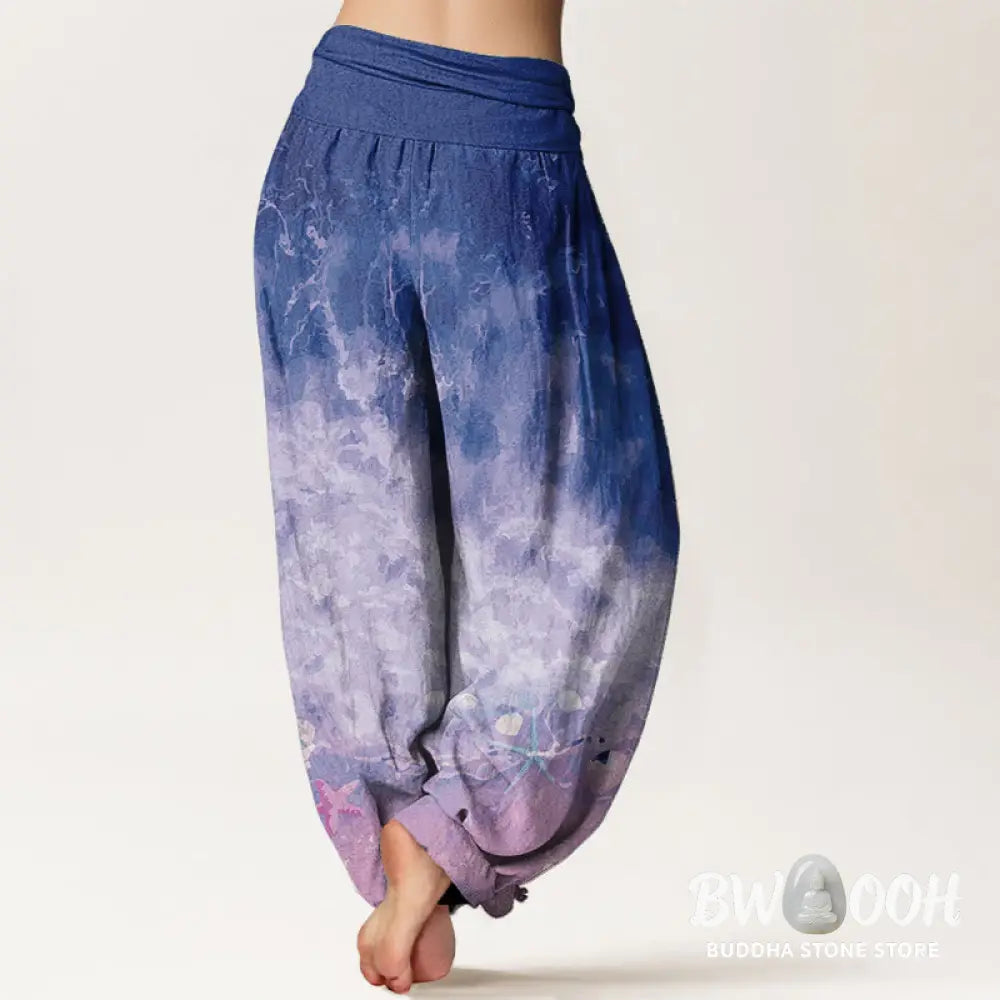 Buddha Stones Pure Cotton Vast Ocean Pattern Women’s Elastic Waist Harem Pants - Women’s Harem Pants
