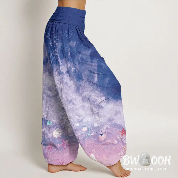 Buddha Stones Pure Cotton Vast Ocean Pattern Women’s Elastic Waist Harem Pants - Women’s Harem Pants