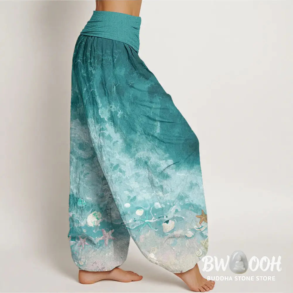 Buddha Stones Pure Cotton Vast Ocean Pattern Women’s Elastic Waist Harem Pants - Women’s Harem Pants