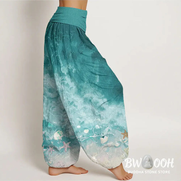 Buddha Stones Pure Cotton Vast Ocean Pattern Women’s Elastic Waist Harem Pants - Women’s Harem Pants