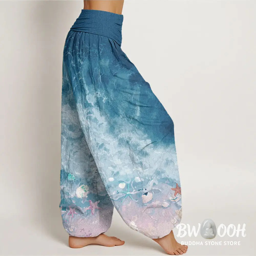 Buddha Stones Pure Cotton Vast Ocean Pattern Women’s Elastic Waist Harem Pants - Women’s Harem Pants