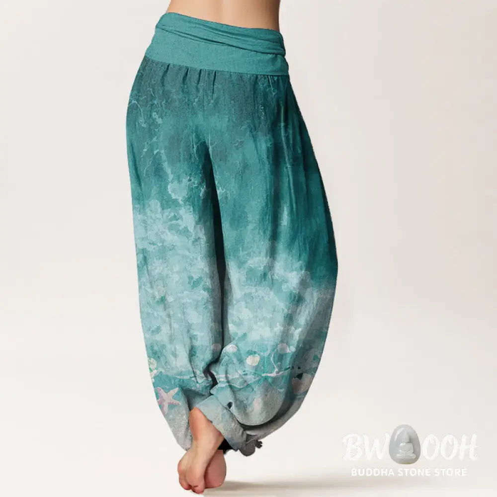 Buddha Stones Pure Cotton Vast Ocean Pattern Women’s Elastic Waist Harem Pants - Women’s Harem Pants