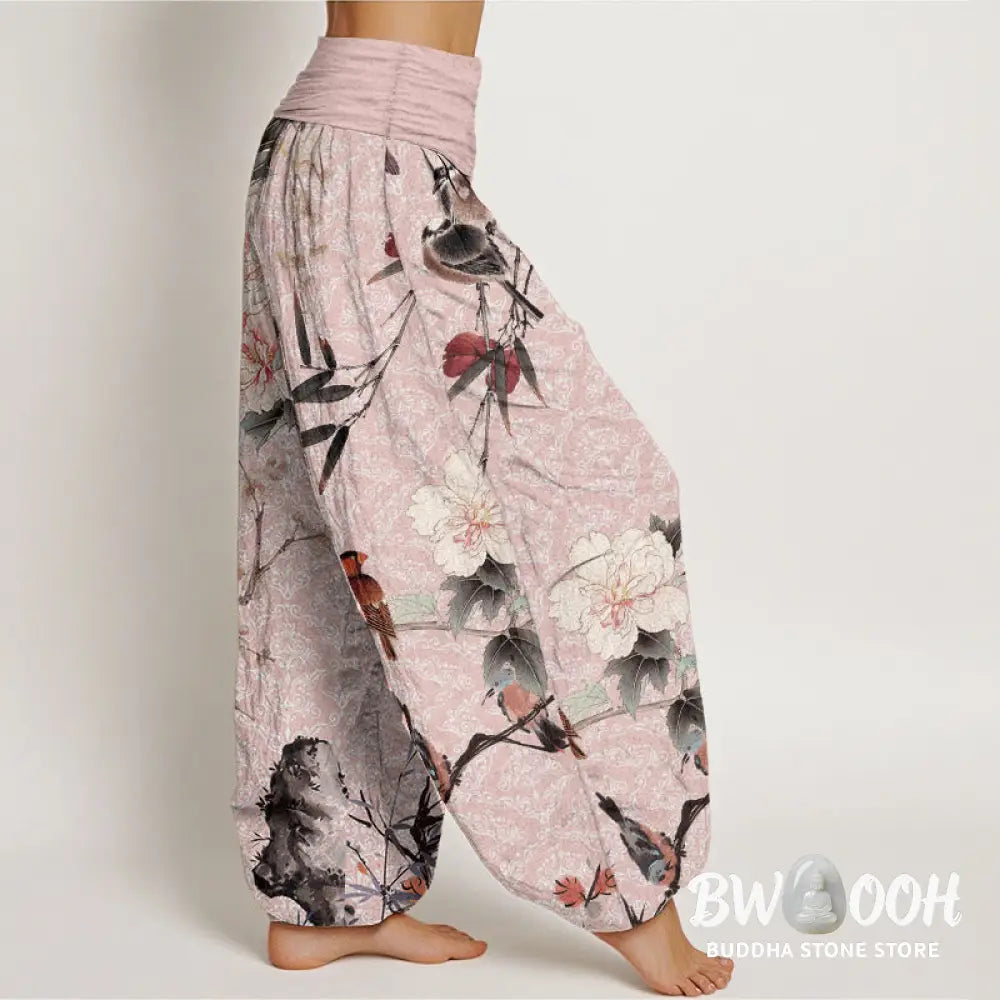 Buddha Stones Pure Cotton Warbler Bird Blooming Flower Branches Mandala Pattern Women’s Elastic Waist Harem Pants
