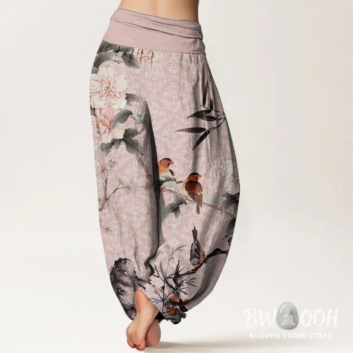 Buddha Stones Pure Cotton Warbler Bird Blooming Flower Branches Mandala Pattern Women’s Elastic Waist Harem Pants
