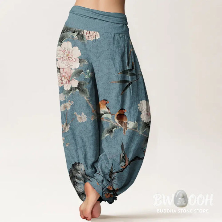 Buddha Stones Pure Cotton Warbler Bird Blooming Flower Branches Mandala Pattern Women’s Elastic Waist Harem Pants