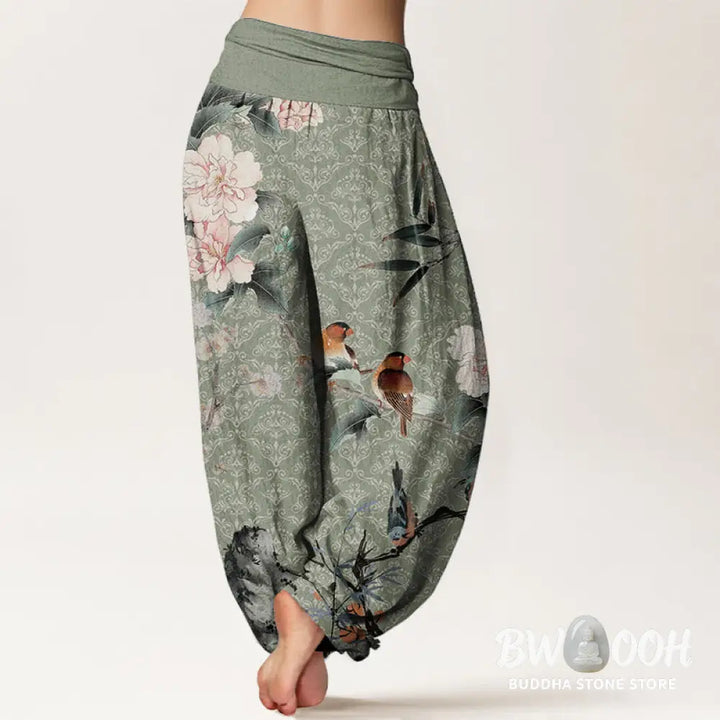 Buddha Stones Pure Cotton Warbler Bird Blooming Flower Branches Mandala Pattern Women’s Elastic Waist Harem Pants