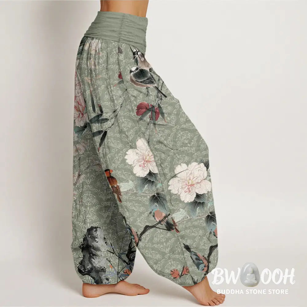Buddha Stones Pure Cotton Warbler Bird Blooming Flower Branches Mandala Pattern Women’s Elastic Waist Harem Pants