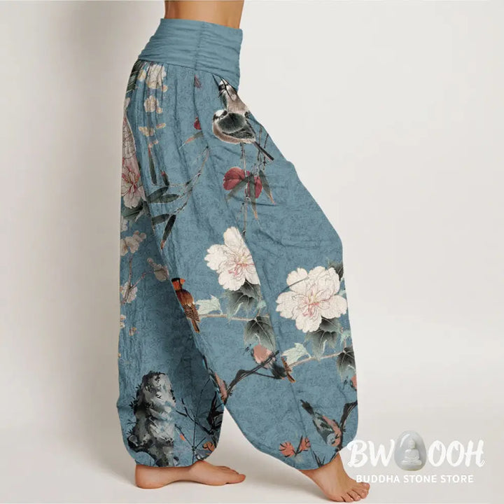 Buddha Stones Pure Cotton Warbler Bird Blooming Flower Branches Mandala Pattern Women’s Elastic Waist Harem Pants