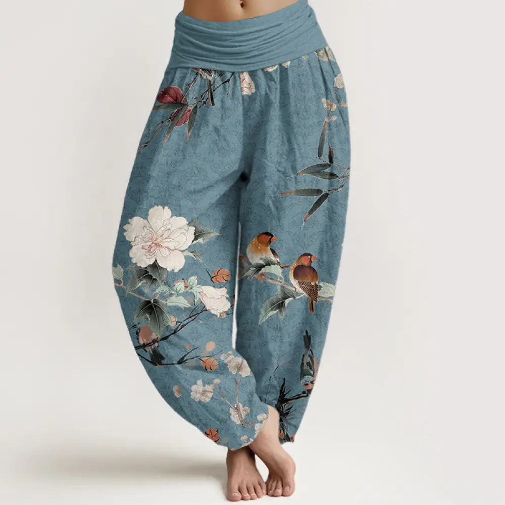 Buddha Stones Pure Cotton Warbler Bird Blooming Flower Branches Mandala Pattern Women’s Elastic Waist Harem Pants