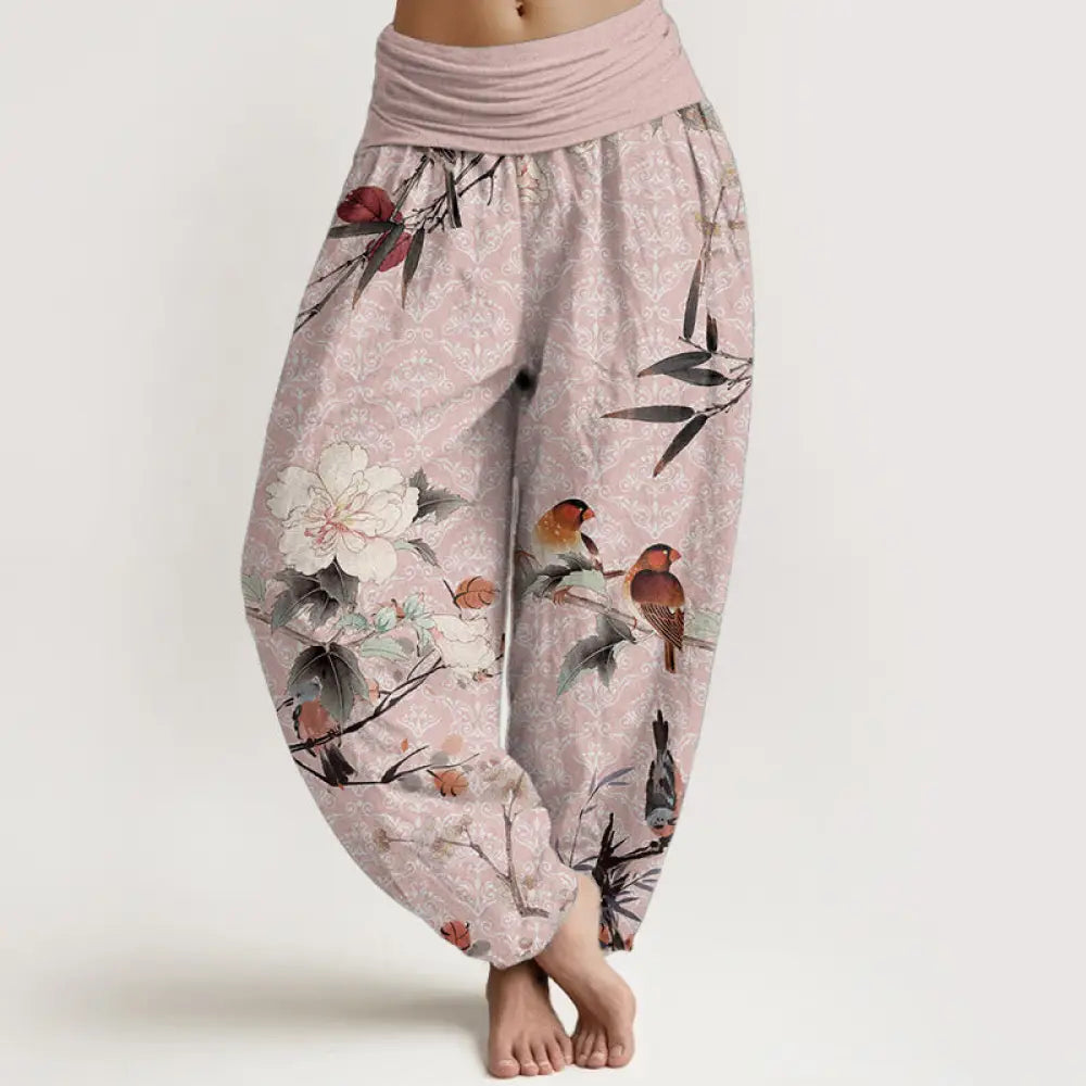 Buddha Stones Pure Cotton Warbler Bird Blooming Flower Branches Mandala Pattern Women’s Elastic Waist Harem Pants