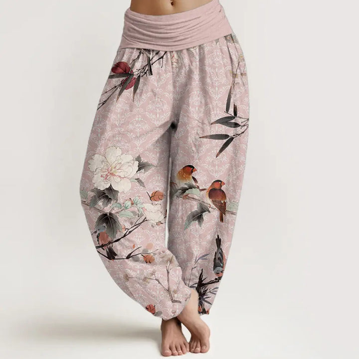Buddha Stones Pure Cotton Warbler Bird Blooming Flower Branches Mandala Pattern Women’s Elastic Waist Harem Pants
