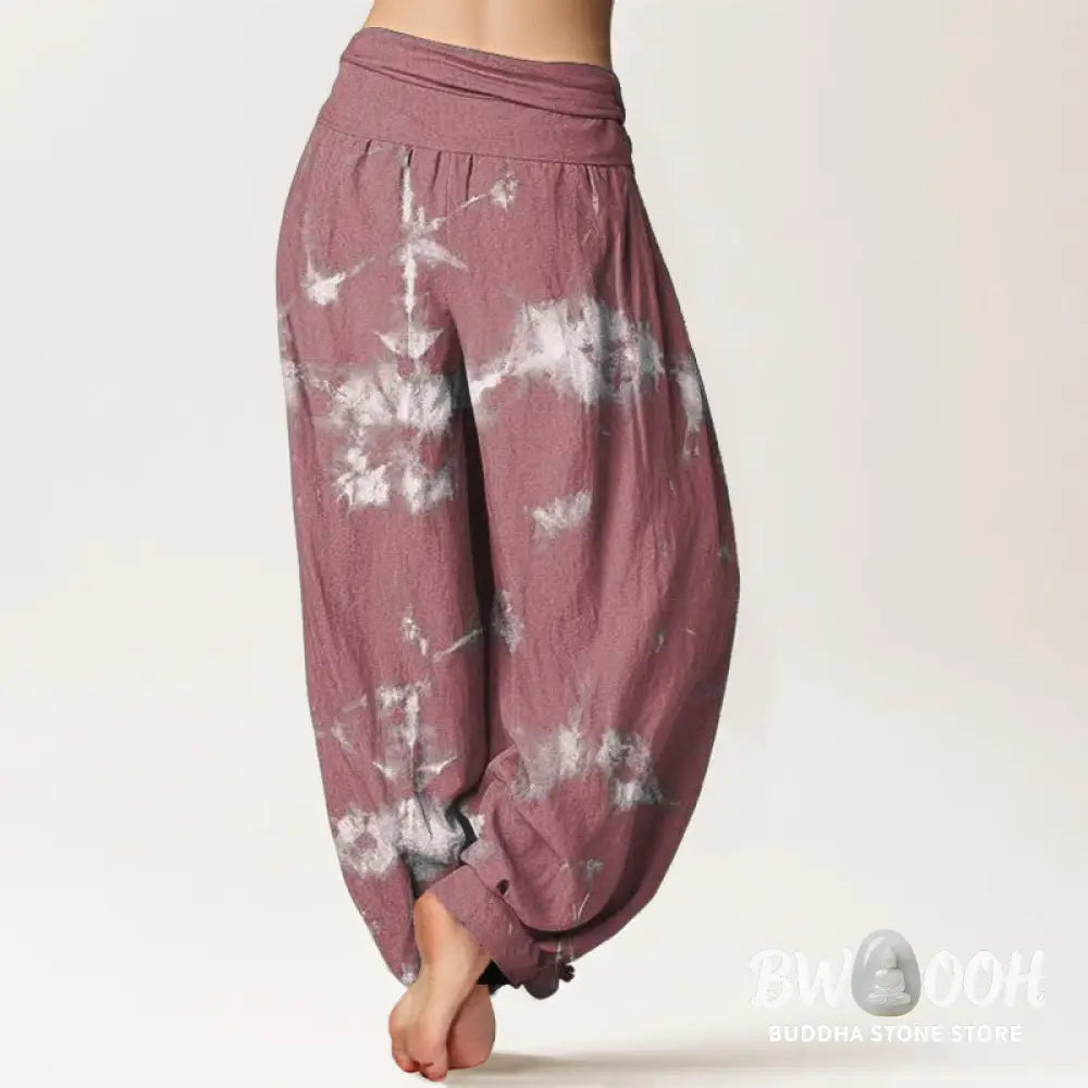 Buddha Stones Pure Cotton White Lines Spots Tie-Dye Pattern Women’s Elastic Waist Harem Pants - Women’s Harem Pants