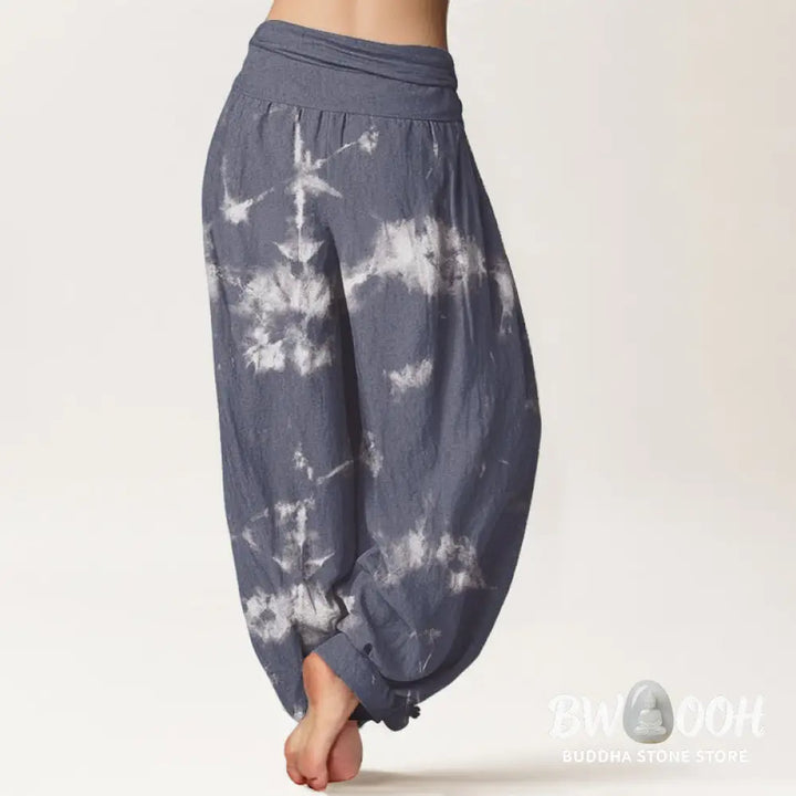 Buddha Stones Pure Cotton White Lines Spots Tie-Dye Pattern Women’s Elastic Waist Harem Pants - Women’s Harem Pants
