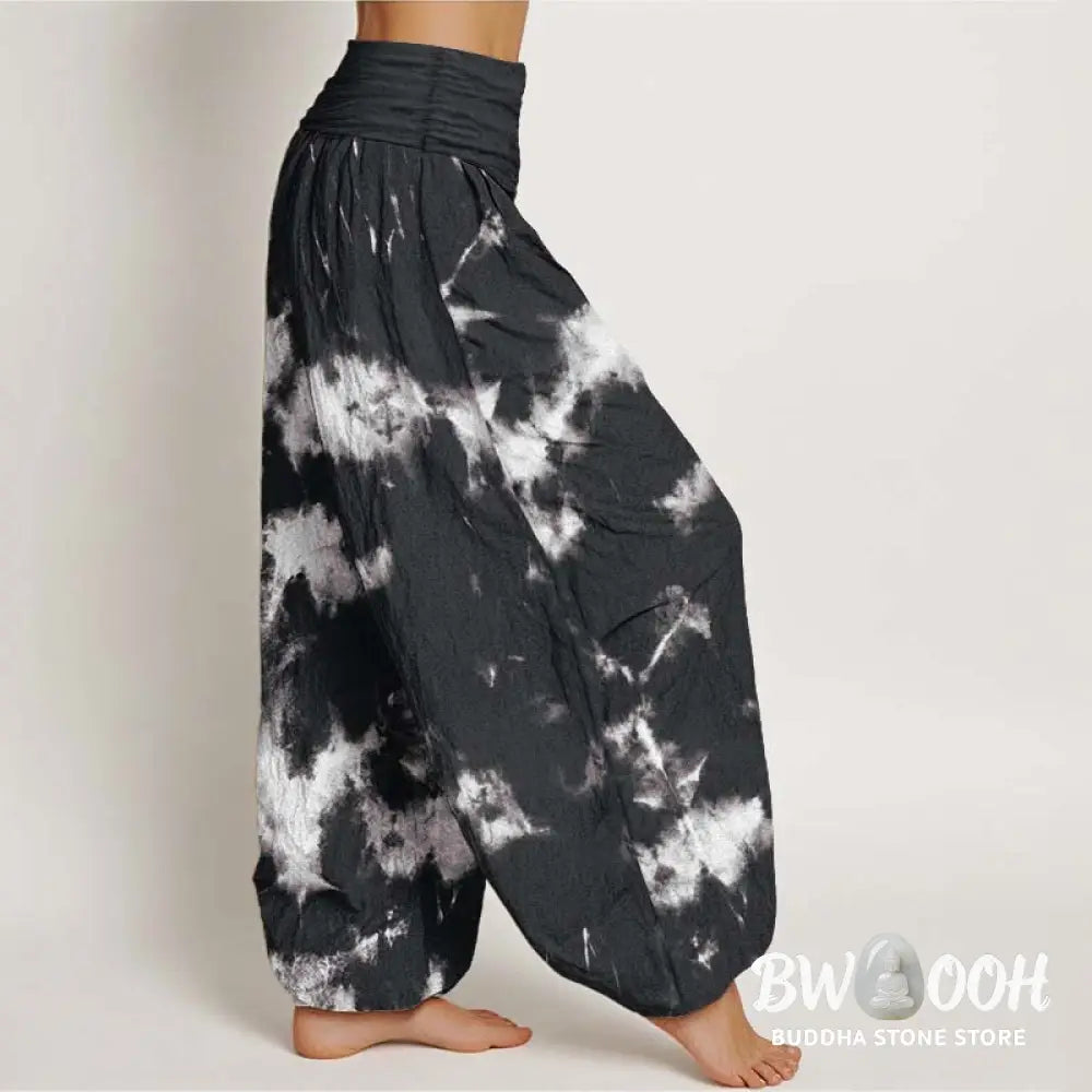 Buddha Stones Pure Cotton White Lines Spots Tie-Dye Pattern Women’s Elastic Waist Harem Pants - Women’s Harem Pants