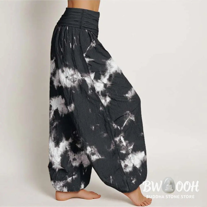 Buddha Stones Pure Cotton White Lines Spots Tie-Dye Pattern Women’s Elastic Waist Harem Pants - Women’s Harem Pants
