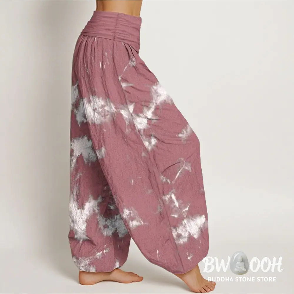 Buddha Stones Pure Cotton White Lines Spots Tie-Dye Pattern Women’s Elastic Waist Harem Pants - Women’s Harem Pants