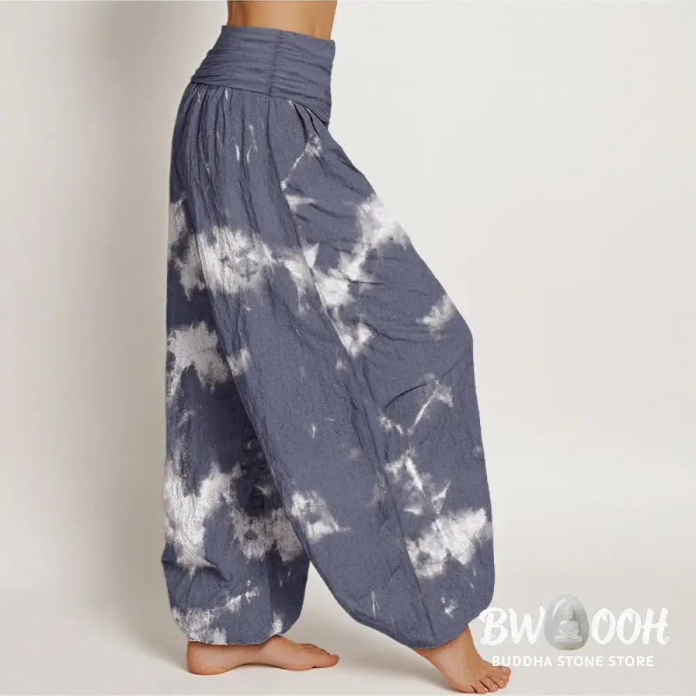 Buddha Stones Pure Cotton White Lines Spots Tie-Dye Pattern Women’s Elastic Waist Harem Pants - Women’s Harem Pants