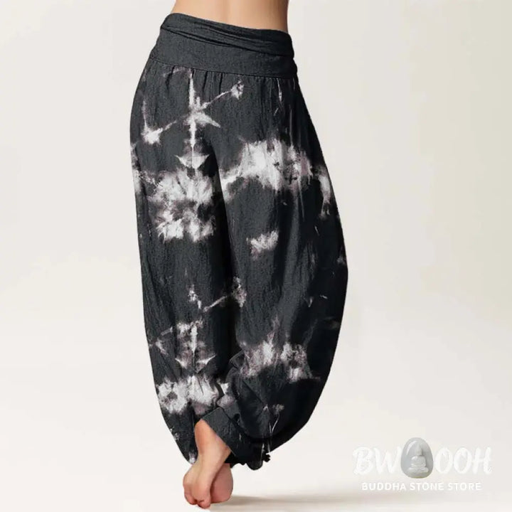 Buddha Stones Pure Cotton White Lines Spots Tie-Dye Pattern Women’s Elastic Waist Harem Pants - Women’s Harem Pants