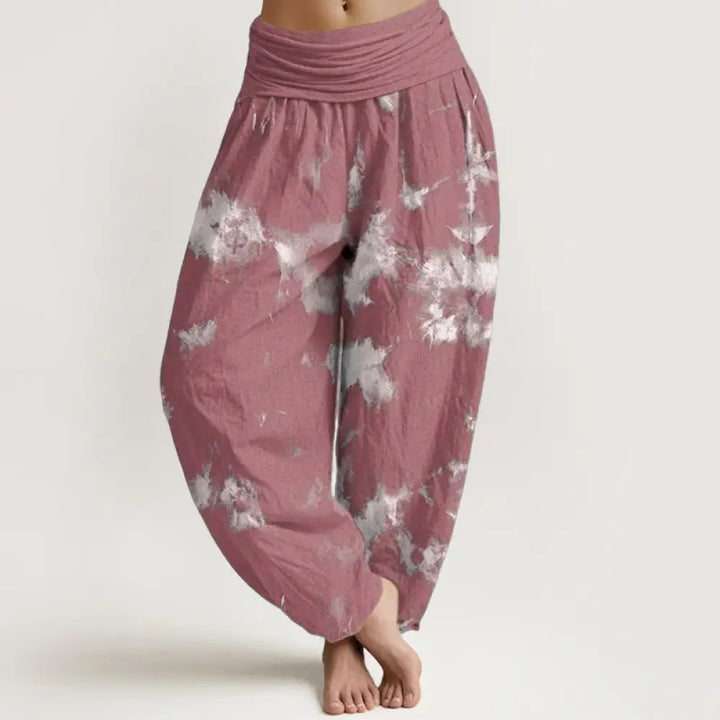 Buddha Stones Pure Cotton White Lines Spots Tie-Dye Pattern Women’s Elastic Waist Harem Pants - PaleVioletRed