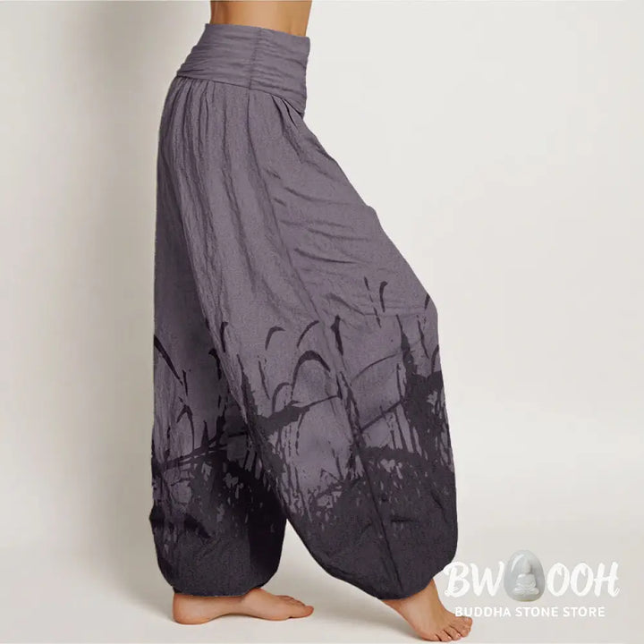 Buddha Stones Pure Cotton Wild Grass Pattern Women’s Elastic Waist Harem Pants - Women’s Harem Pants