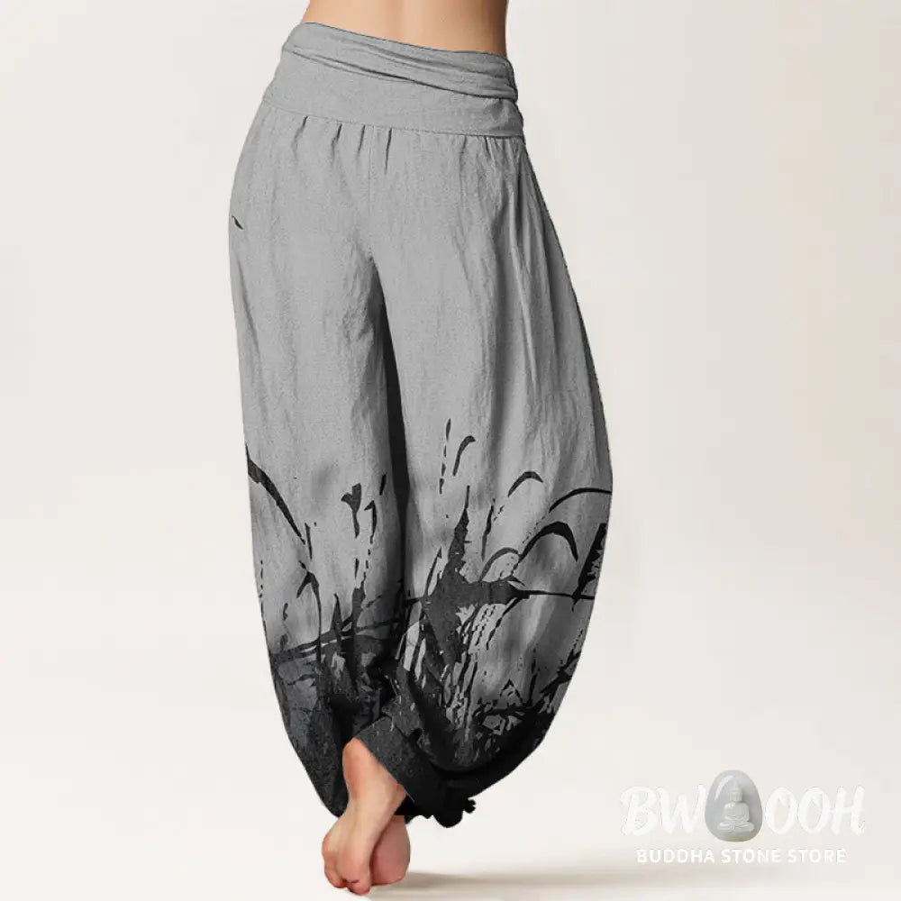 Buddha Stones Pure Cotton Wild Grass Pattern Women’s Elastic Waist Harem Pants - Women’s Harem Pants