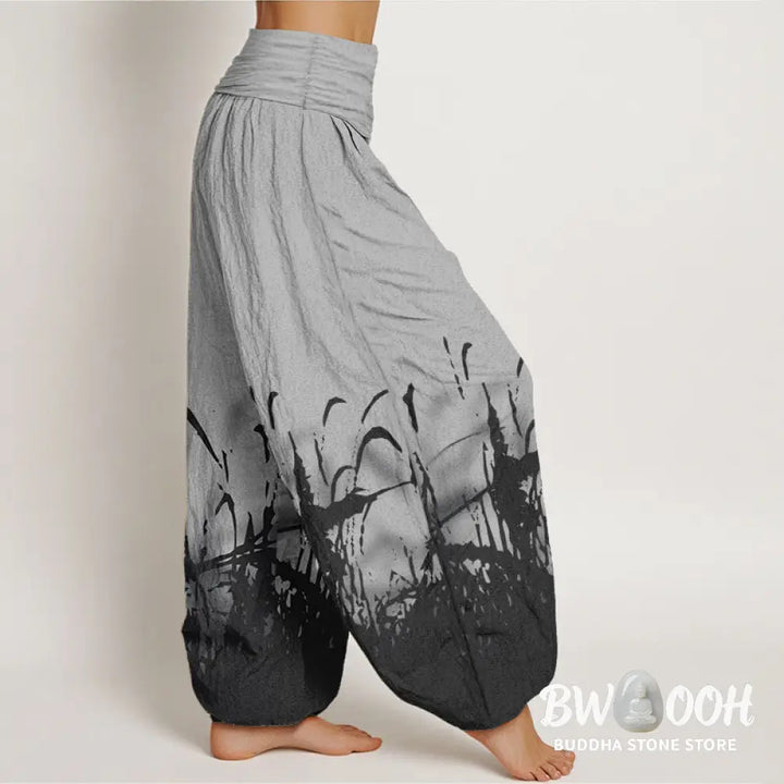 Buddha Stones Pure Cotton Wild Grass Pattern Women’s Elastic Waist Harem Pants - Women’s Harem Pants