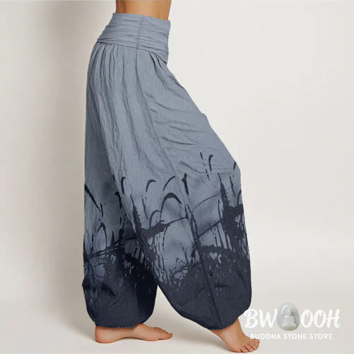 Buddha Stones Pure Cotton Wild Grass Pattern Women’s Elastic Waist Harem Pants - Women’s Harem Pants