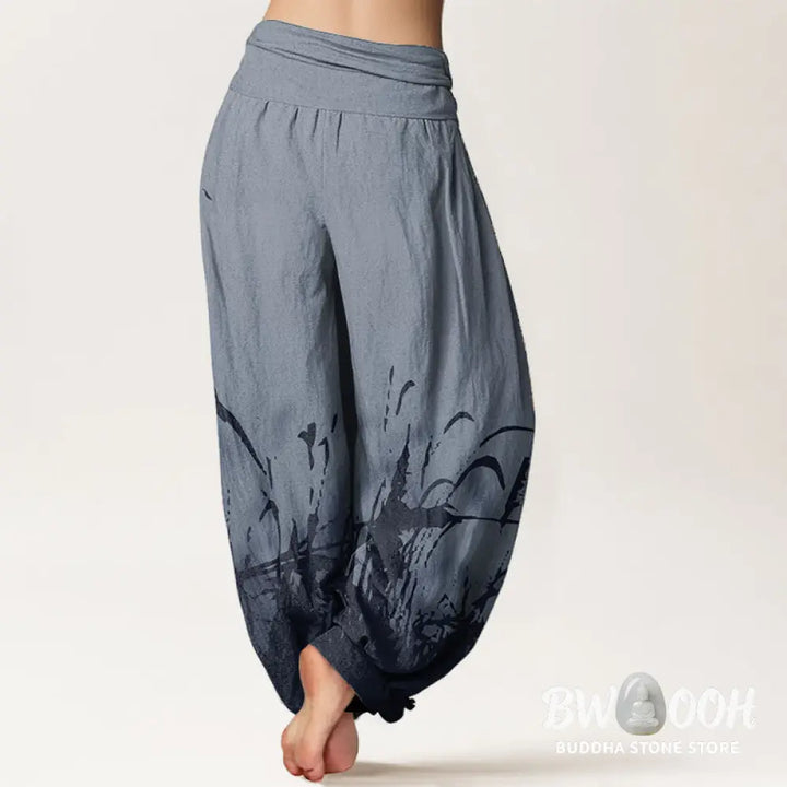 Buddha Stones Pure Cotton Wild Grass Pattern Women’s Elastic Waist Harem Pants - Women’s Harem Pants