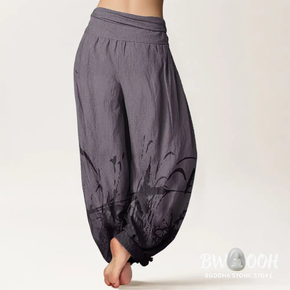 Buddha Stones Pure Cotton Wild Grass Pattern Women’s Elastic Waist Harem Pants - Women’s Harem Pants
