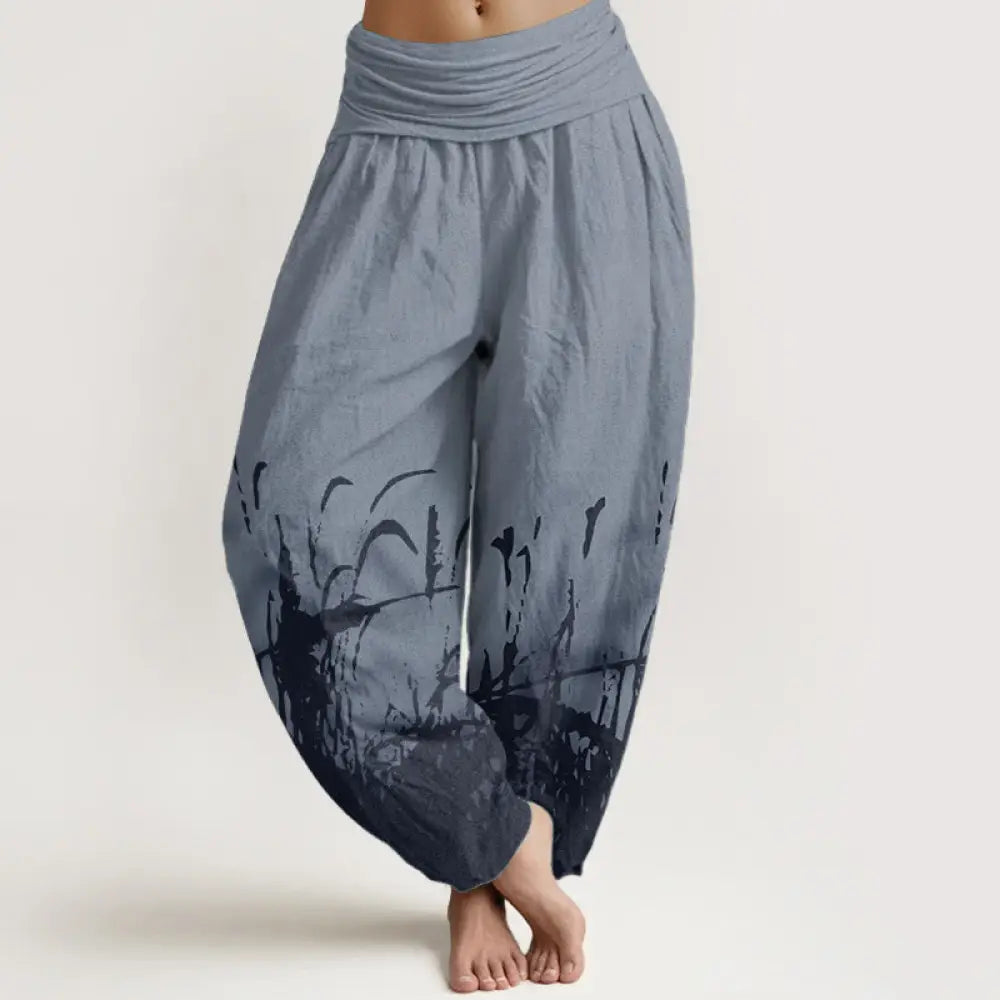 Buddha Stones Pure Cotton Wild Grass Pattern Women’s Elastic Waist Harem Pants - CornflowerBlue / US2，UK/AU6，EU34 (XS)