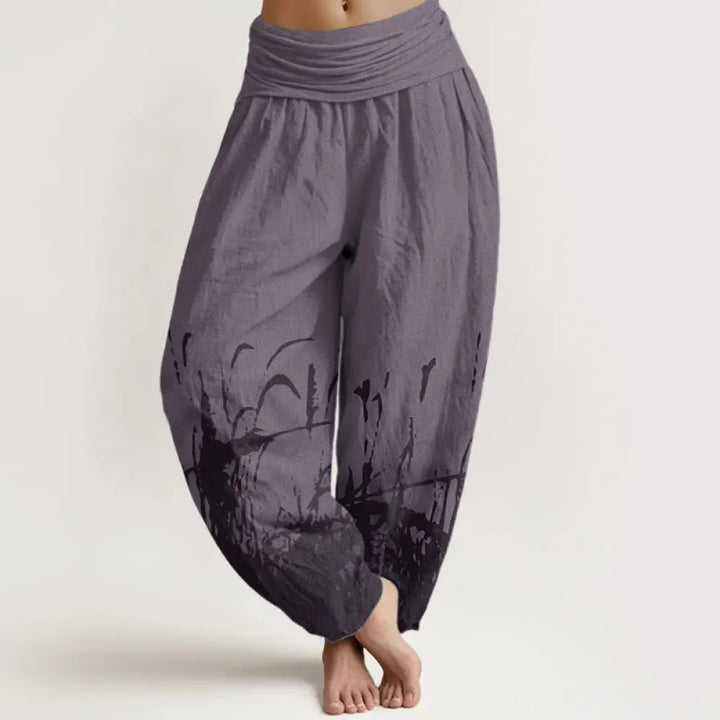 Buddha Stones Pure Cotton Wild Grass Pattern Women’s Elastic Waist Harem Pants - Purple / US2，UK/AU6，EU34 (XS)