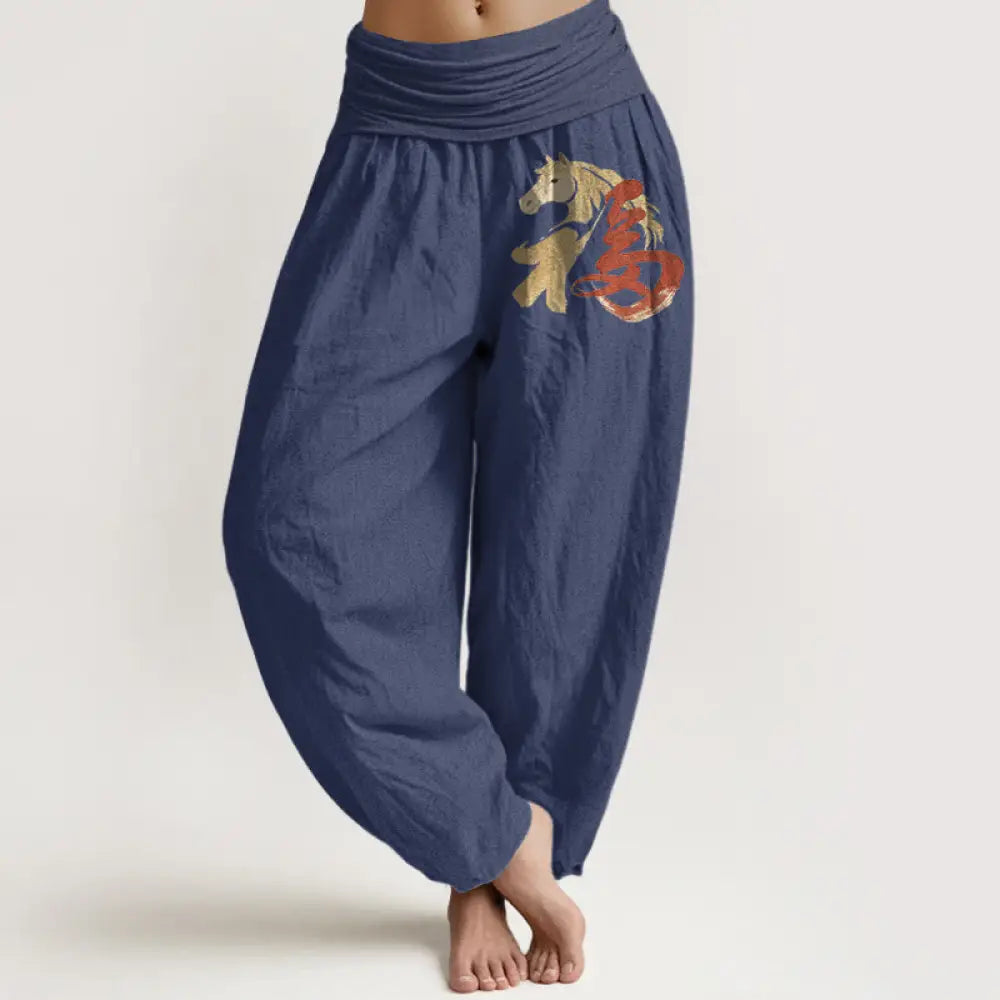 Buddha Stones Pure Cotton Year Of The Horse Fu Character Pattern Women’s Elastic Waist Harem Pants - DarkSlateBlue