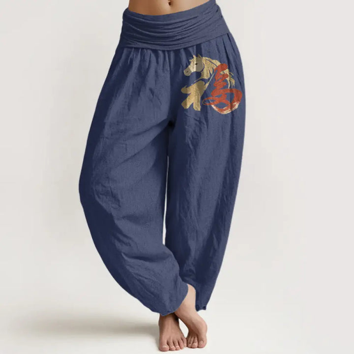 Buddha Stones Pure Cotton Year Of The Horse Fu Character Pattern Women’s Elastic Waist Harem Pants - DarkSlateBlue