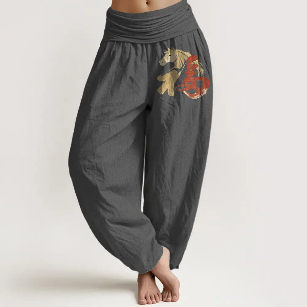 Buddha Stones Pure Cotton Year Of The Horse Fu Character Pattern Women’s Elastic Waist Harem Pants - DimGray