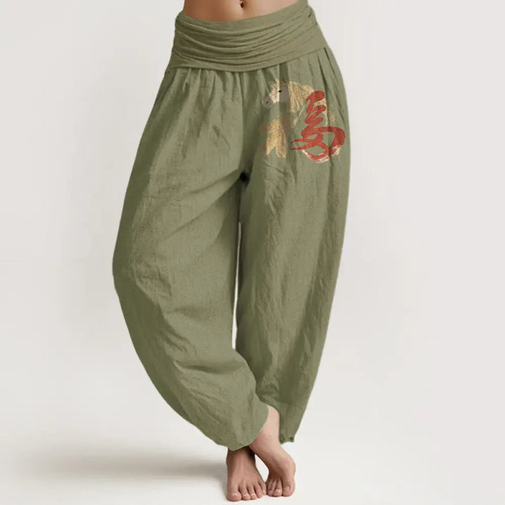 Buddha Stones Pure Cotton Year Of The Horse Fu Character Pattern Women’s Elastic Waist Harem Pants - OliveDrab