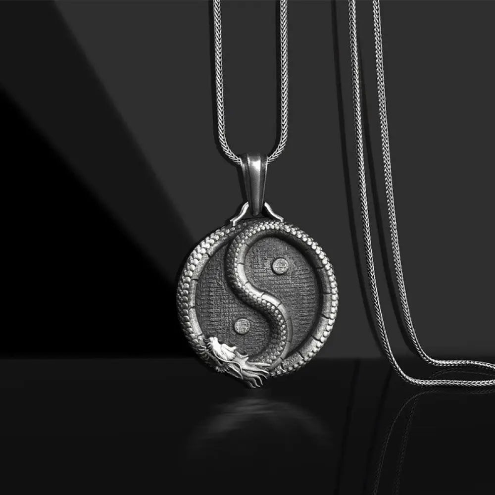 BWOOOH Pure Tin Yin Yang Dragon pendant necklace combining balance and strength energy on 45cm chain