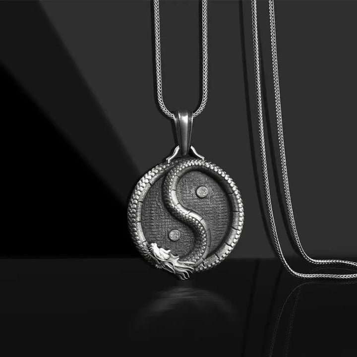 BWOOOH Pure Tin Yin Yang Dragon pendant necklace combining balance and strength energy on 45cm chain