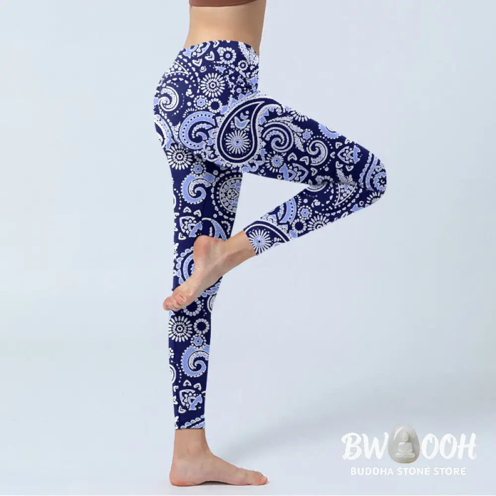 BWOOOH printed yoga leggings - Purple Blue Cashew Flower Print Gym Legg