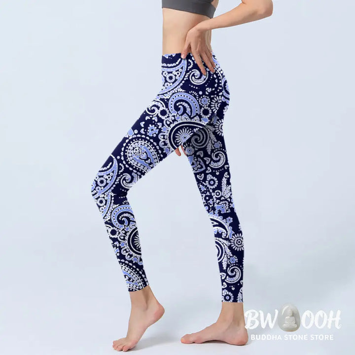 BWOOOH printed yoga leggings - Purple Blue Cashew Flower Print Gym Legg