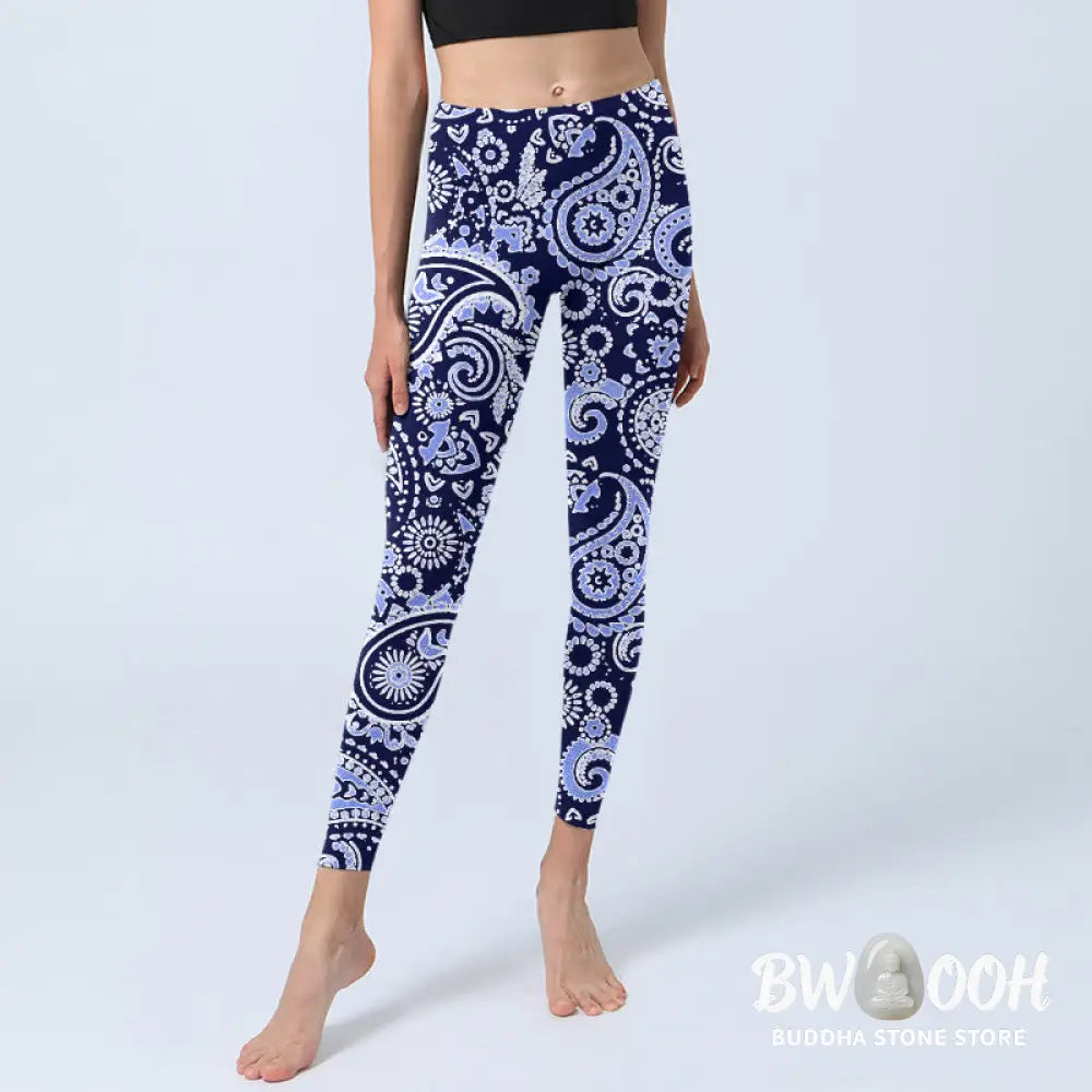 BWOOOH printed yoga leggings - Purple Blue Cashew Flower Print Gym Legg