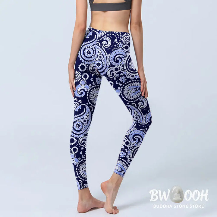 BWOOOH printed yoga leggings - Purple Blue Cashew Flower Print Gym Legg