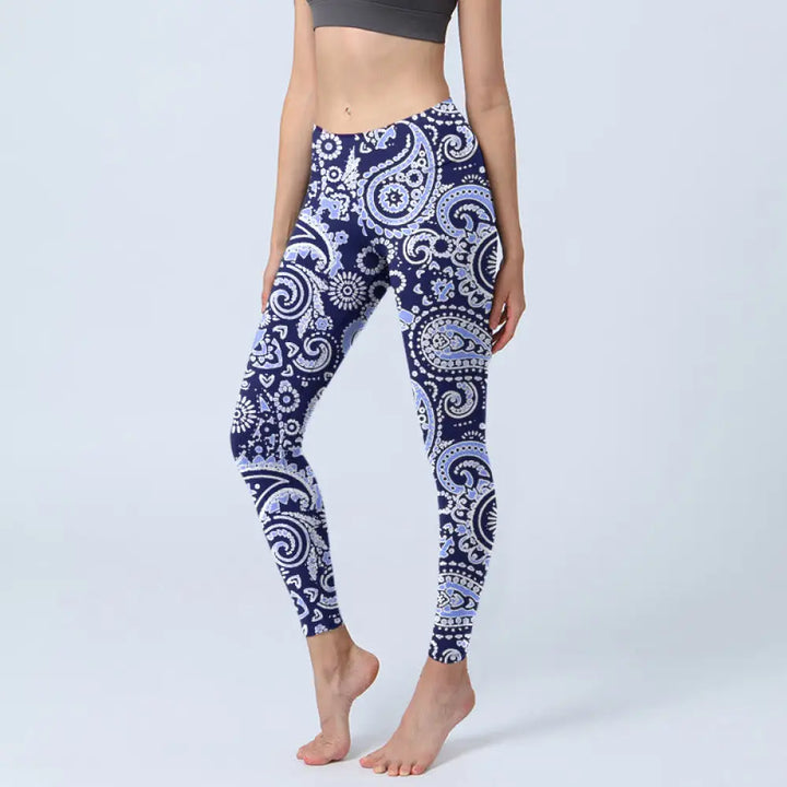 BWOOOH printed yoga leggings - Purple Blue Cashew Flower Print Gym Legg