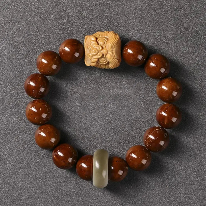 Buddha Stones Purple Bodhi Seed Dancing Lion Wisdom Bracelet - BWOOOH - Bodhi Seed&amp;Green Sandalwood Dancing Lion(Wrist