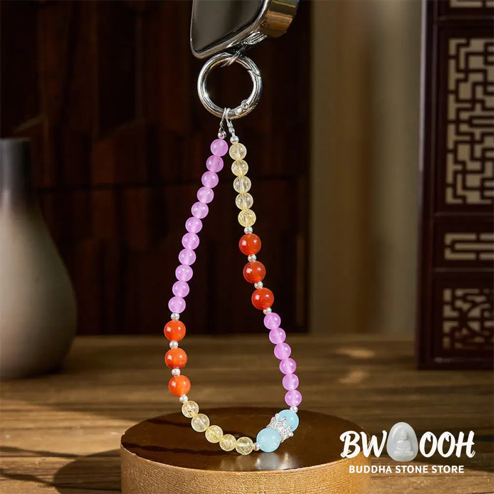 Buddha Stones Purple Chalcedony Citrine Crown Beaded Harmony Key Chain Phone Hanging Decoration - Purple