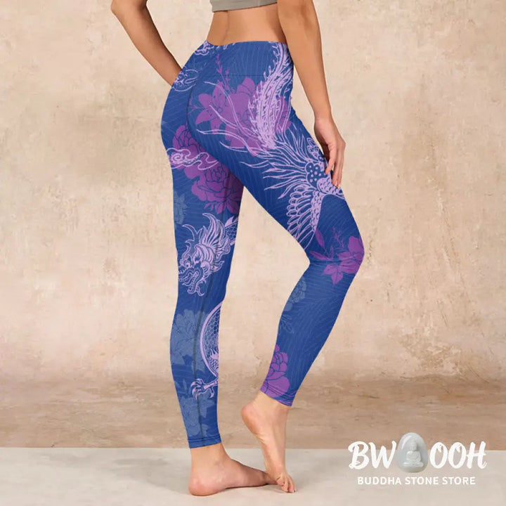 BWOOOH printed yoga leggings - Purple Dragon Phoenix Flowers Print Gym 
