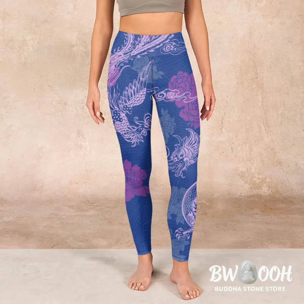 BWOOOH printed yoga leggings - Purple Dragon Phoenix Flowers Print Gym 