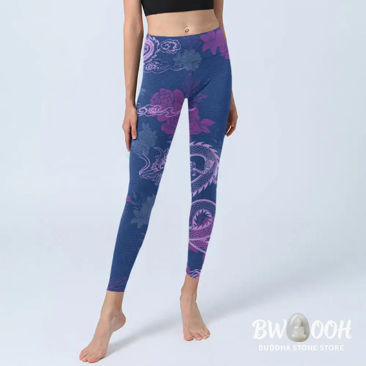BWOOOH printed yoga leggings - Purple Dragon Phoenix Flowers Print Gym 