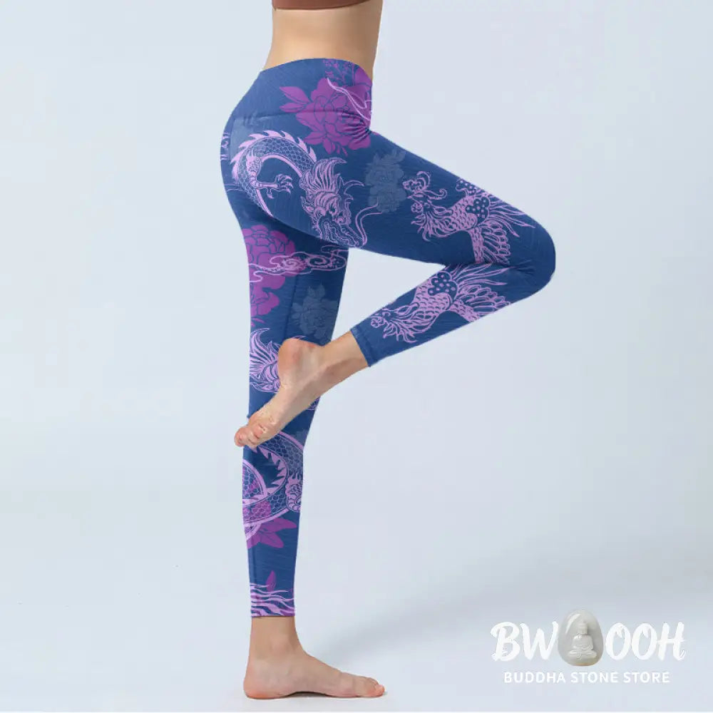 BWOOOH printed yoga leggings - Purple Dragon Phoenix Flowers Print Gym 