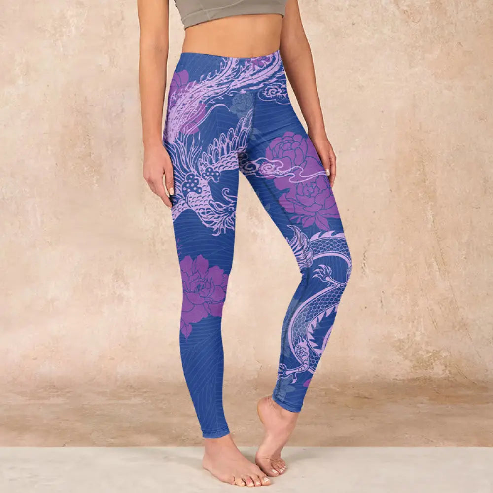 BWOOOH printed yoga leggings - Purple Dragon Phoenix Flowers Print Gym 